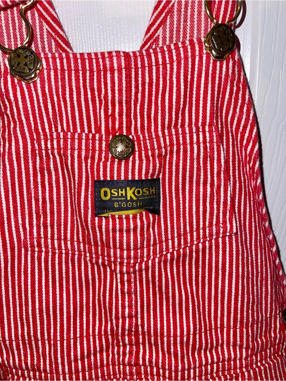 OshKosh B’Gosh kids 7 overalls red white Hickory Railroad stripe - Picture 2 of 7